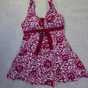 Wantdo Womens Red Floral Damask Swim Dress One Piece Swimsuit Size 8-10
